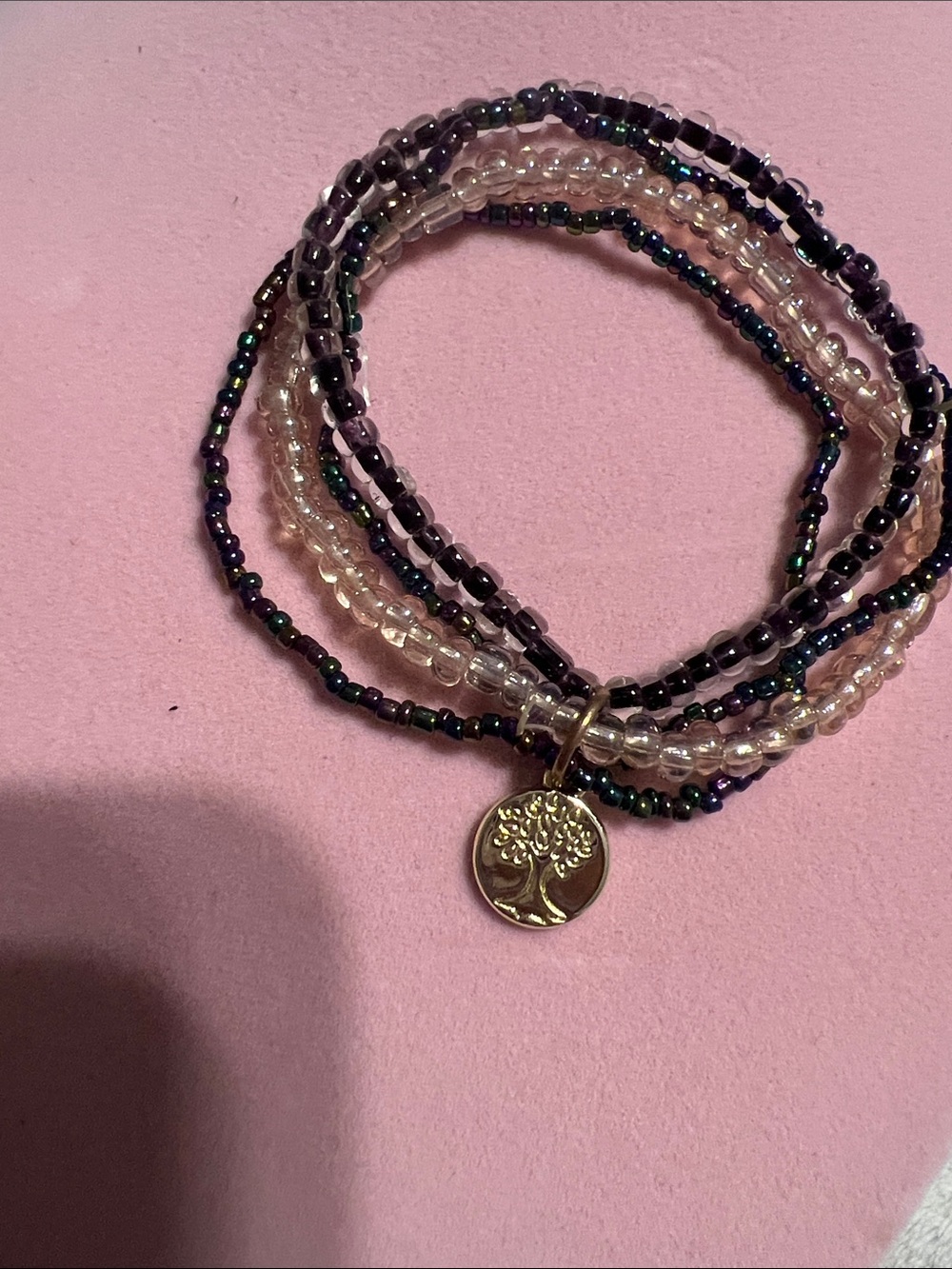 Gold Tree of Life Charm Beaded Wrap Bracelet in Clear and Iridescent Black